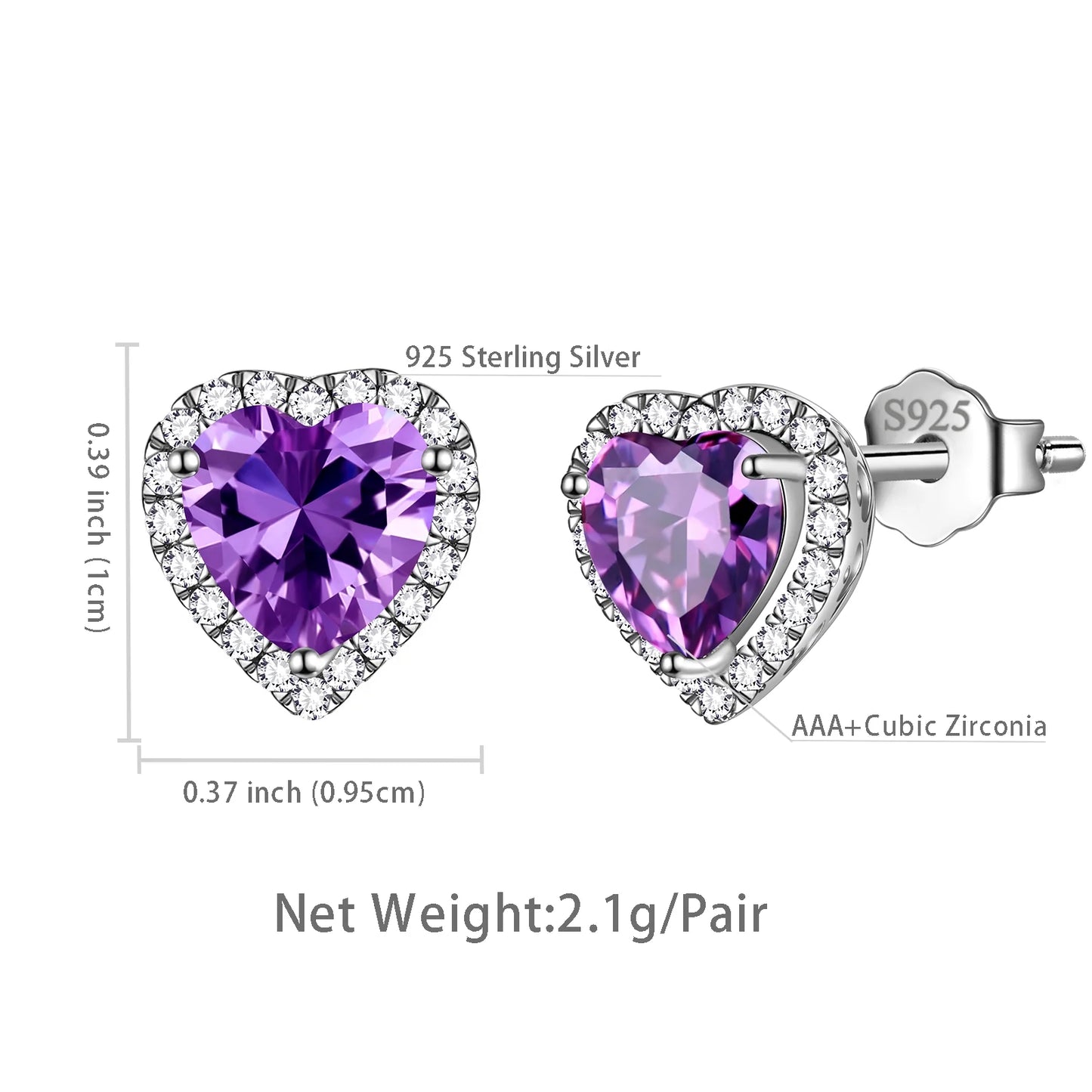 Purple Heart Earrings Women February Birthstone Earrings Amethyst CZ 925 Sterling Silver Stud Earrings Crystal Jewelry Birthday Mother'S Day Gift