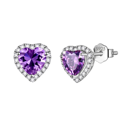 Purple Heart Earrings Women February Birthstone Earrings Amethyst CZ 925 Sterling Silver Stud Earrings Crystal Jewelry Birthday Mother'S Day Gift