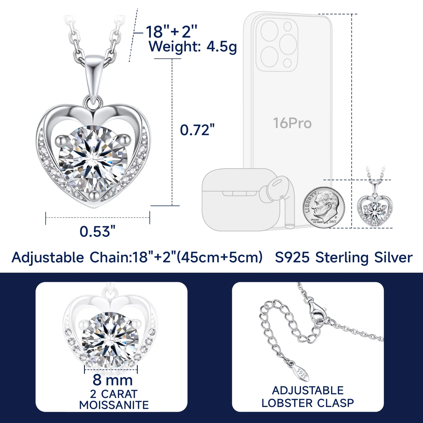 Carat Moissanite Heart Necklace – 925 Sterling Silver, White Gold Plated