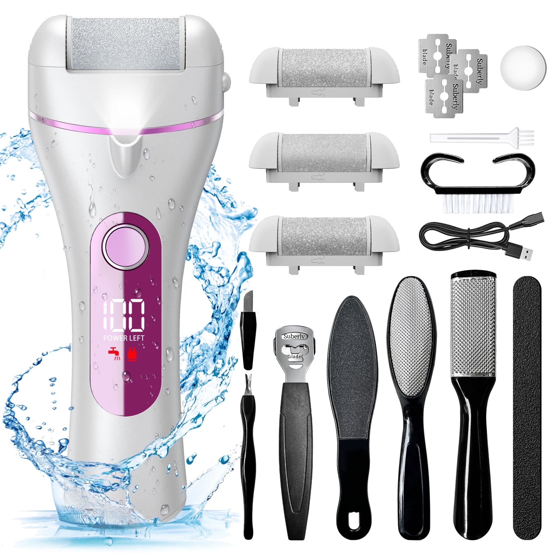 Electric Callus Remover for Feet, Portable Foot File with 18-In-1 Kit, Waterproof, 3 Roller Heads, 2 Speeds