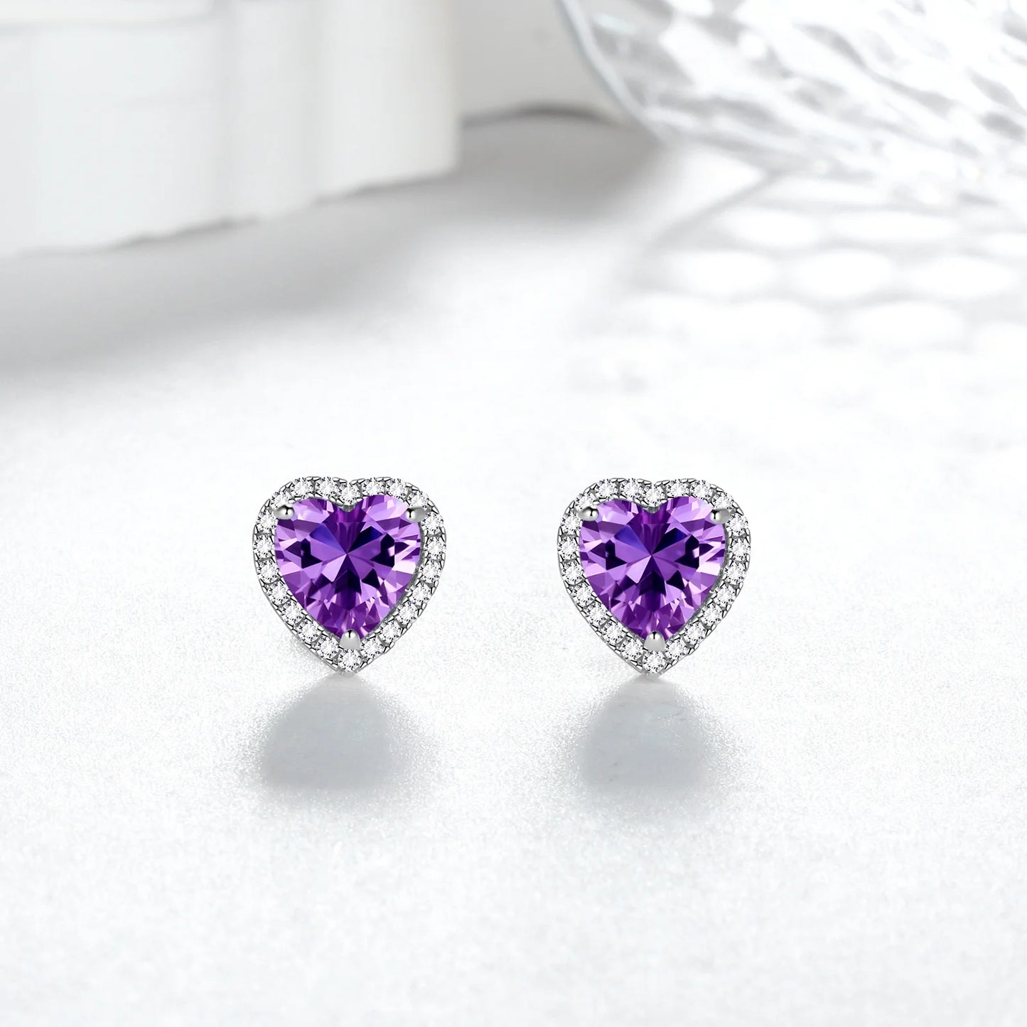 Purple Heart Earrings Women February Birthstone Earrings Amethyst CZ 925 Sterling Silver Stud Earrings Crystal Jewelry Birthday Mother'S Day Gift