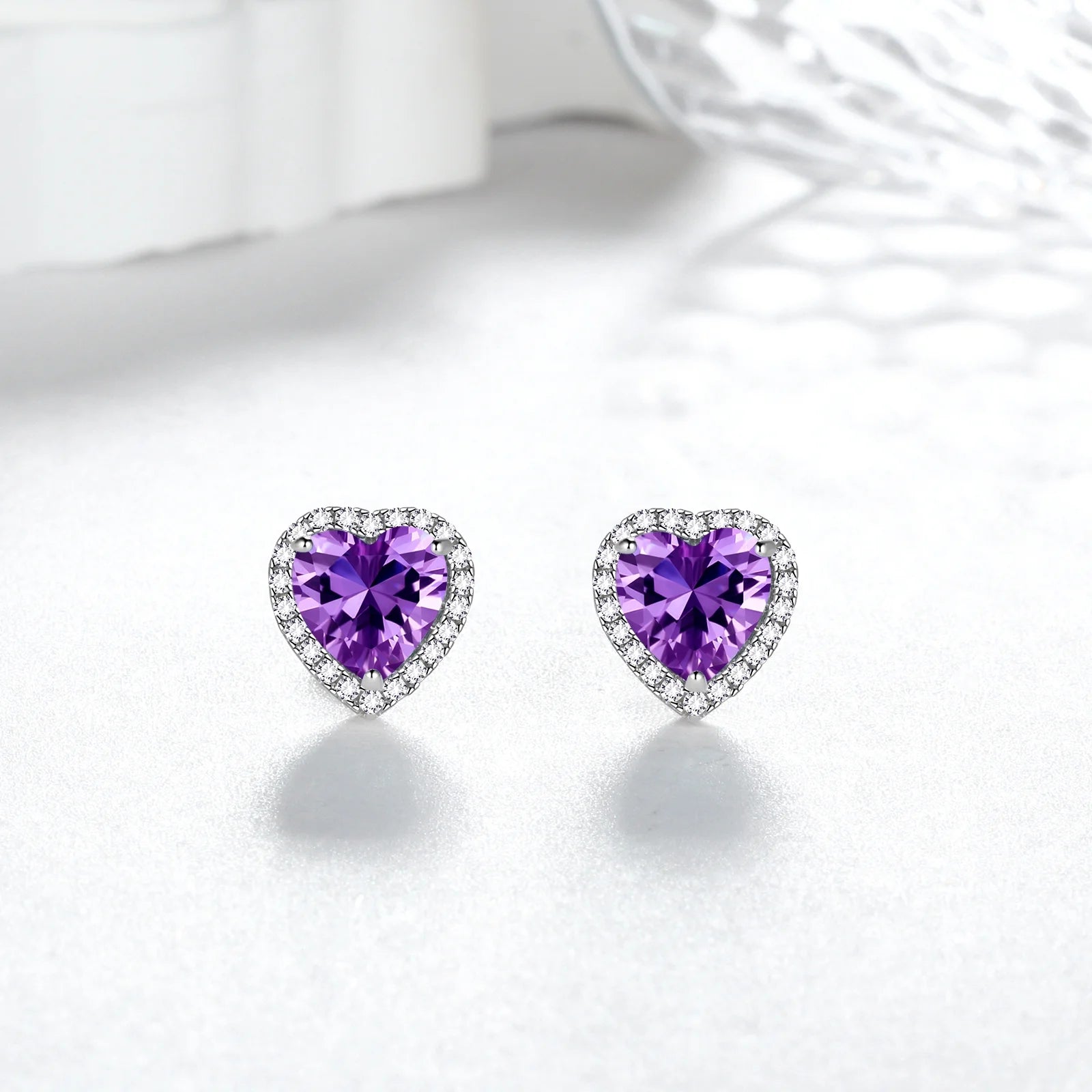 Purple Heart Earrings Women February Birthstone Earrings Amethyst CZ 925 Sterling Silver Stud Earrings Crystal Jewelry Birthday Mother'S Day Gift