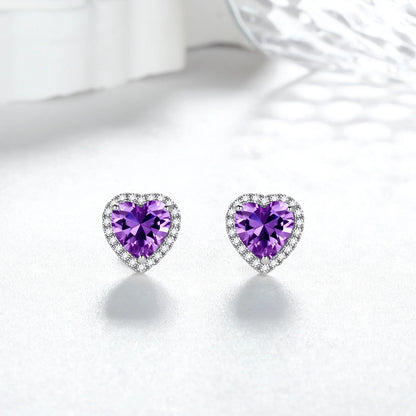 Purple Heart Earrings Women February Birthstone Earrings Amethyst CZ 925 Sterling Silver Stud Earrings Crystal Jewelry Birthday Mother'S Day Gift